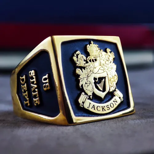 Square Enamel Family Crest Ring, Gold Plated