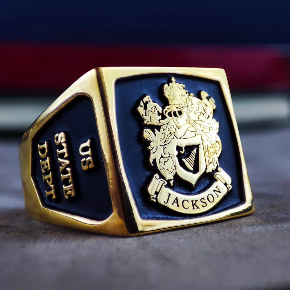 Square Enamel Family Crest Ring, Gold Plated