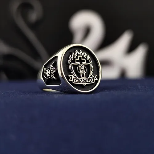 DeMolay Signet Ring – 925 Silver Masonic Youth Shield with Flame Crest