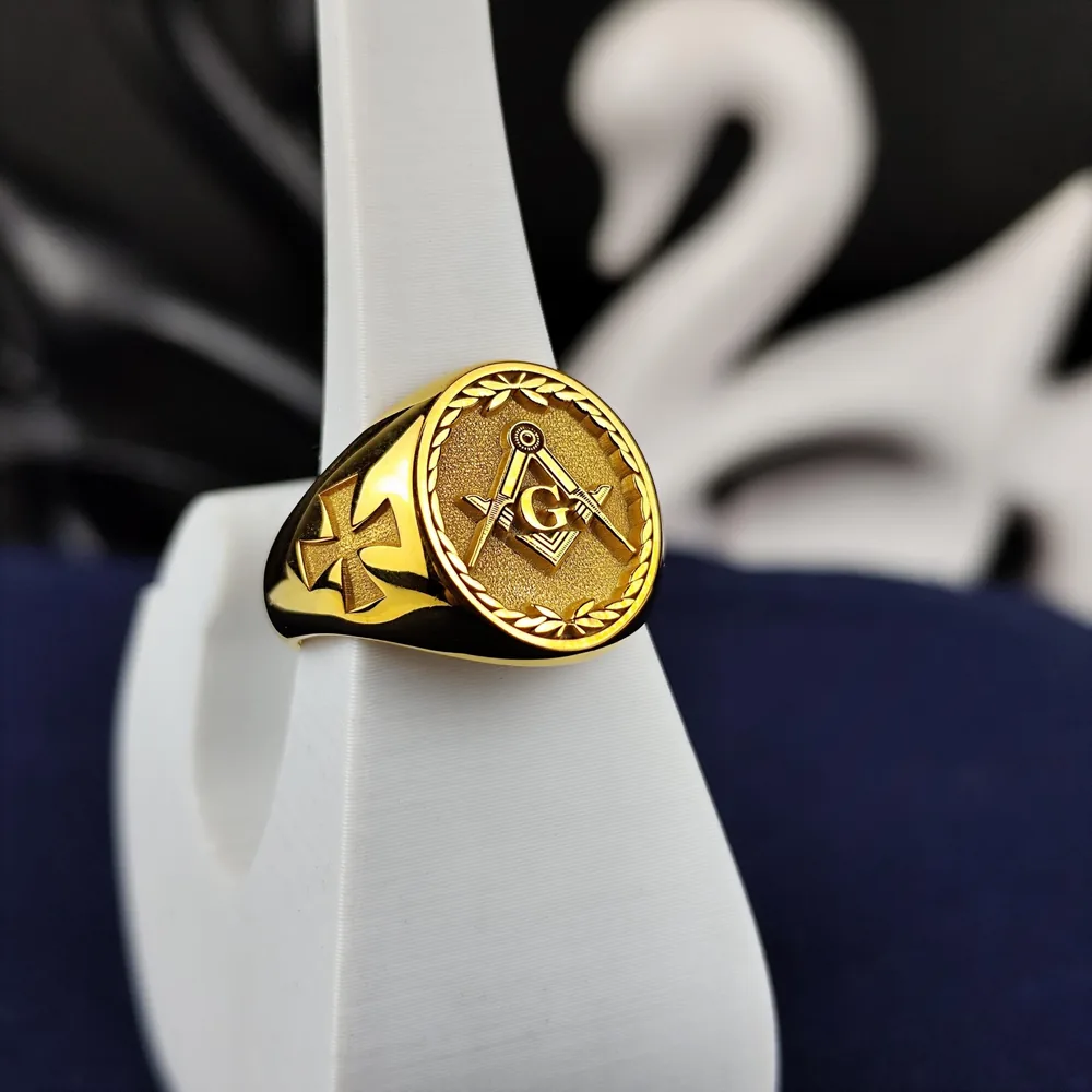 Gold Plated Masonic Ring – Classic Square & Compass Signet for Freemason Men – Symbolic Gold Jewelry