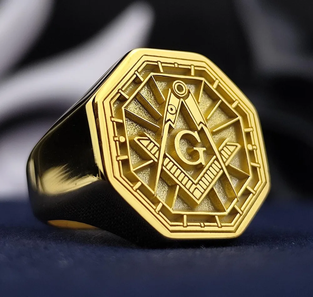 Gold Plated Masonic Ring: Octagon Freemason Signet - Custom Engraving