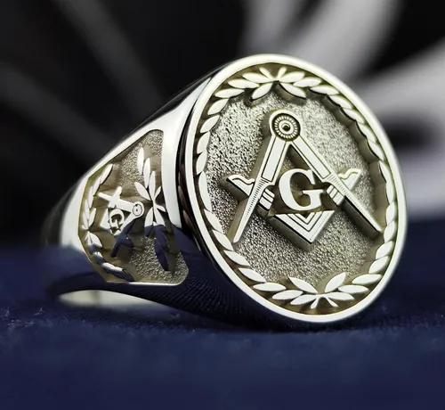 Silver Masonic Signet Ring, Square Compass Emblem, Vintage Men's Lodge Jewelry