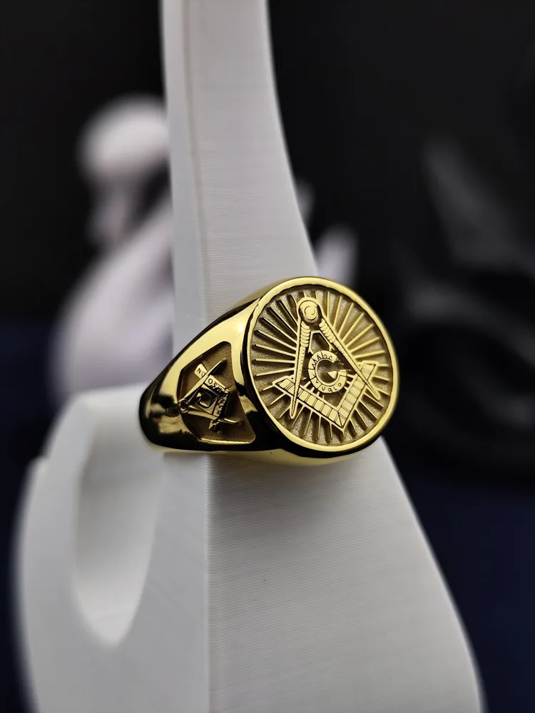 Gold Plated Freemason Signet Ring, Engraved G Emblem, Master Mason Jewelry, Lodge Gift