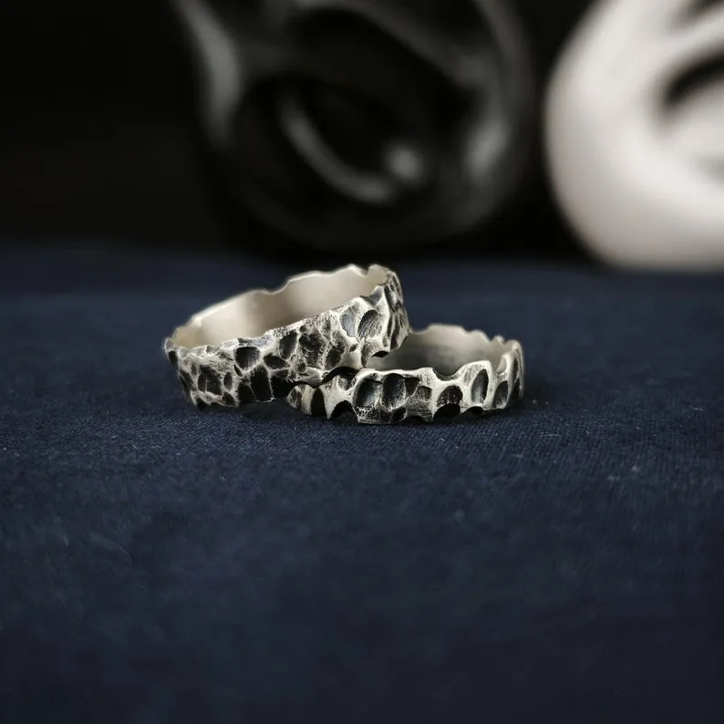 Sterling Silver Couple Rings, Oxidized Brutalist Bands, Lava Rock Texture Jewelry
