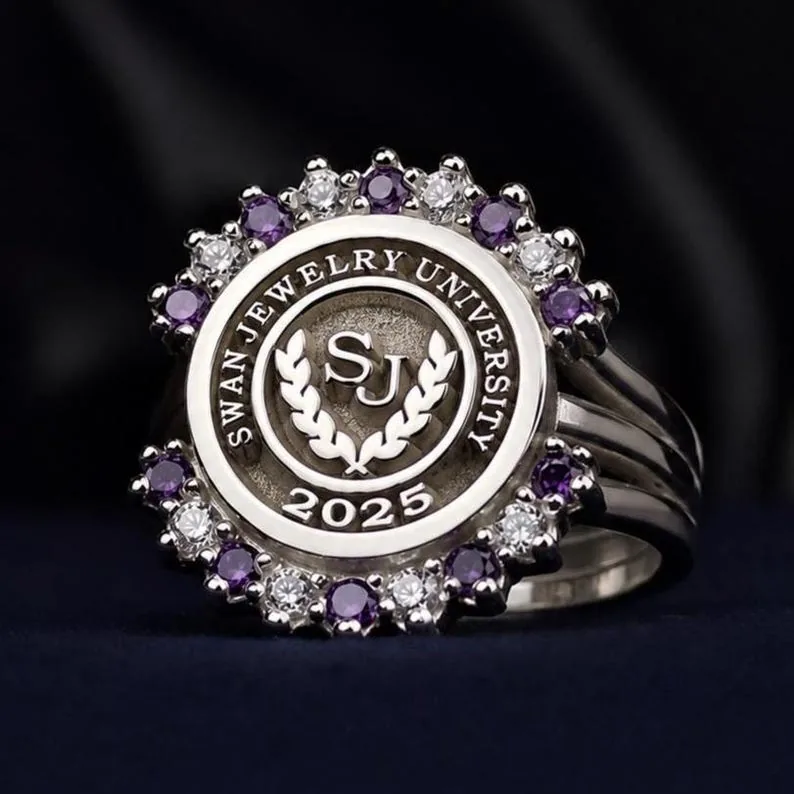 Personalized University Graduation Ring, Purple White Stones, Silver Gold Options