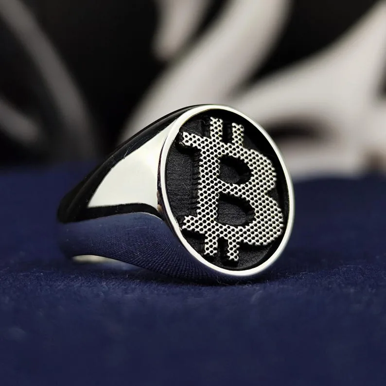Silver Bitcoin Signet Ring, Minimalist Crypto Jewelry