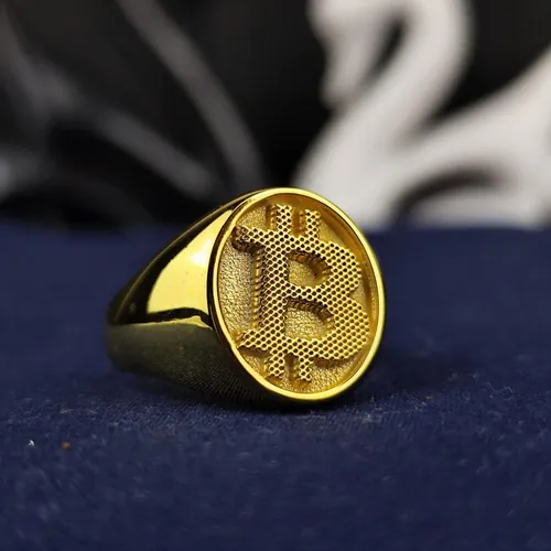 Gold Bitcoin Signet Ring, Engraved Crypto Jewelry