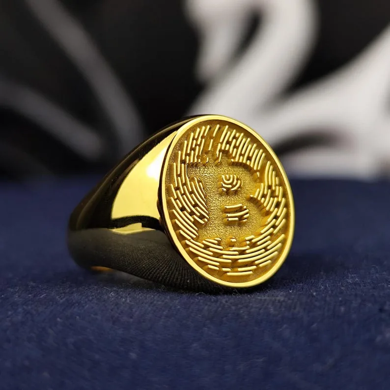 Gold Bitcoin Signet Ring, Engraved Crypto Jewelry