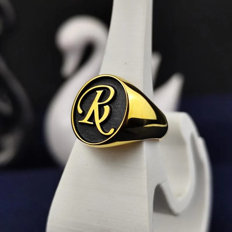 Personalized Monogram Signet Ring with Black Enamel