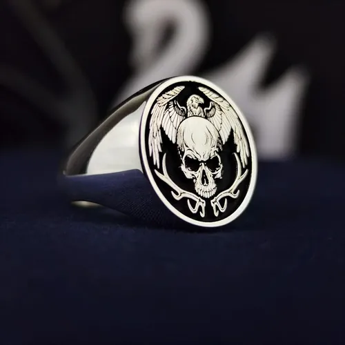 Men's Skull Signet Ring with Black Enamel