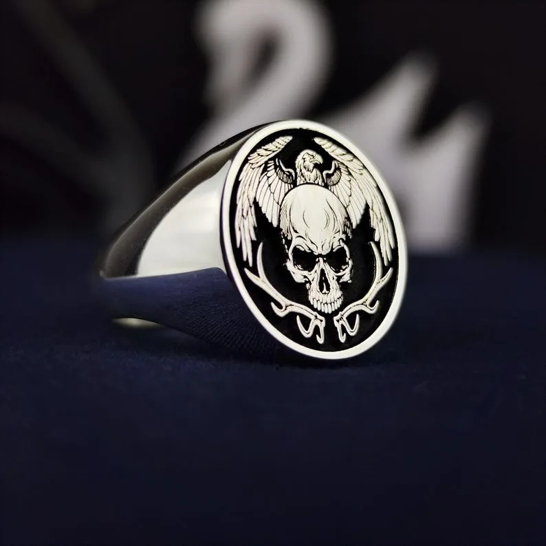 Men's Skull Signet Ring with Black Enamel