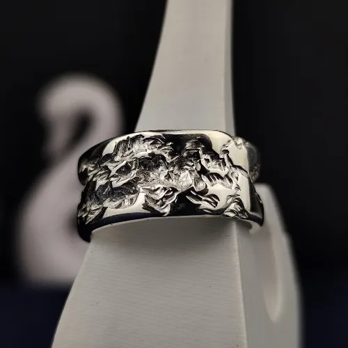 Wide Rustic Silver Ring with Hand-Carved Organic Texture