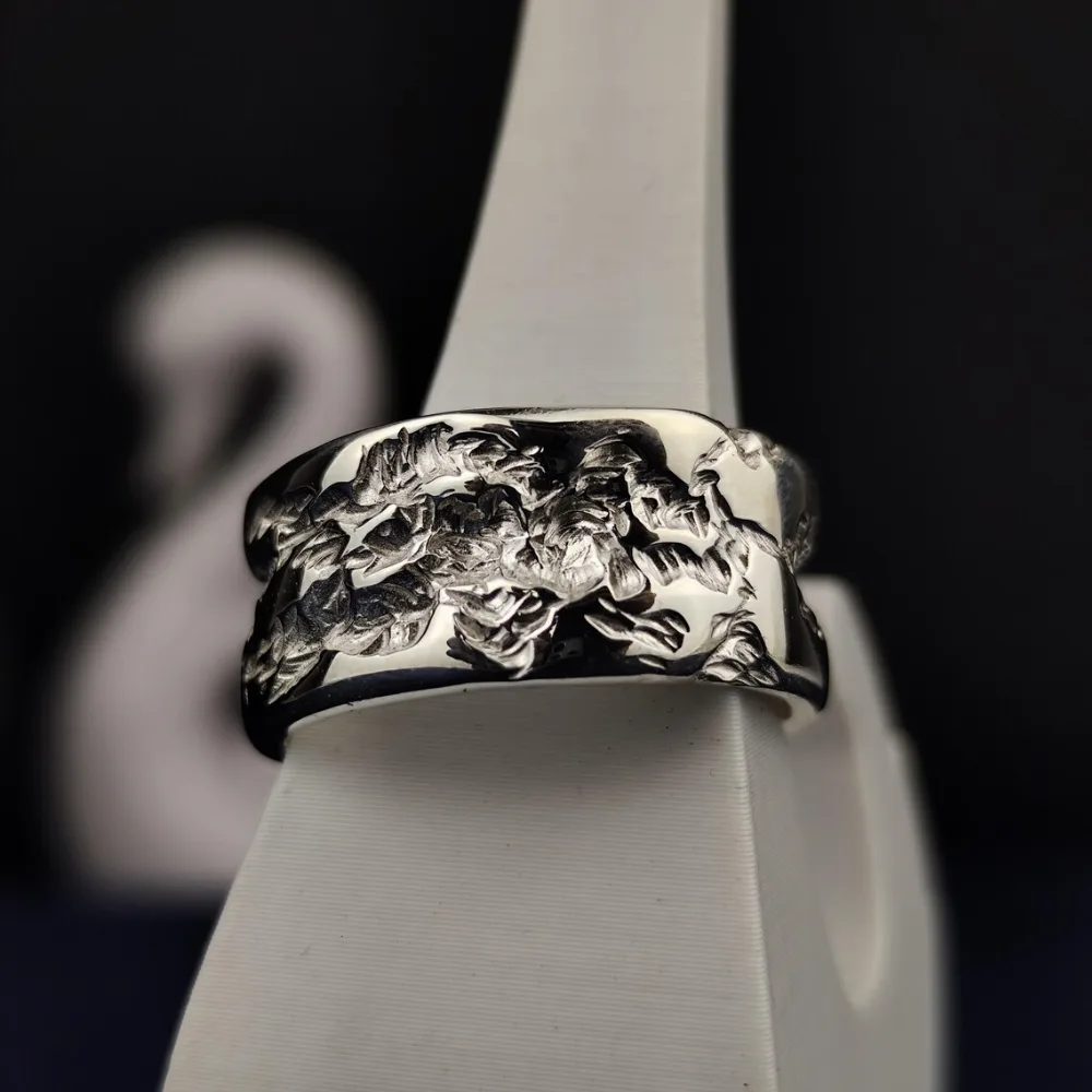 Wide Rustic Silver Ring with Hand-Carved Organic Texture