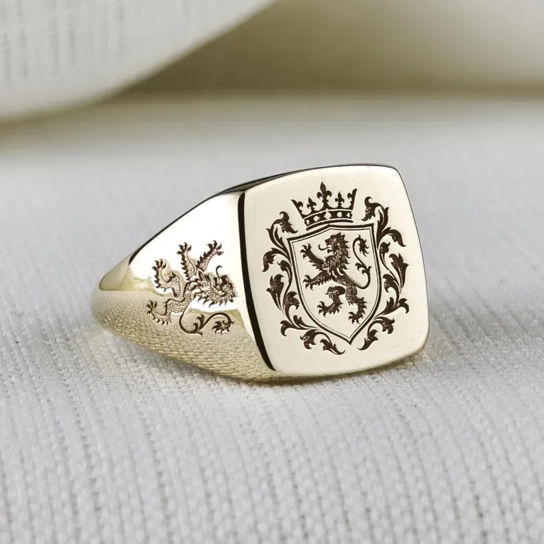 Personalized Family Crest Signet Ring, Custom Heraldic Coat of Arms