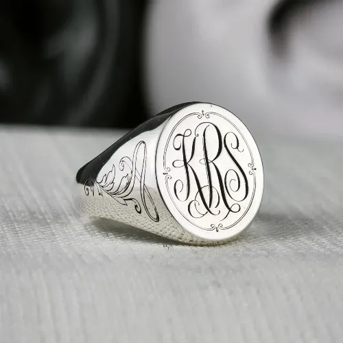 Three Letter Monogram Signet Ring with Ornate Scrollwork