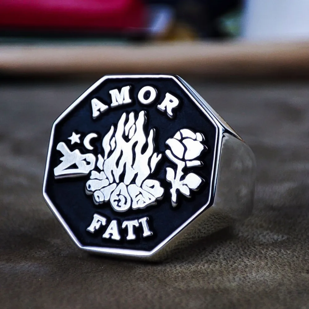 Octagonal Amor Fati Signet Ring with Flame and Rose