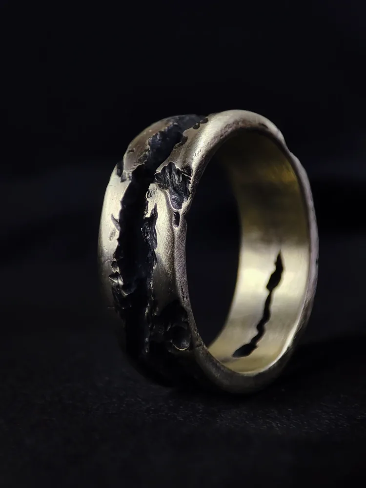 Rustic Silver Band with Oxidized Fissure Texture